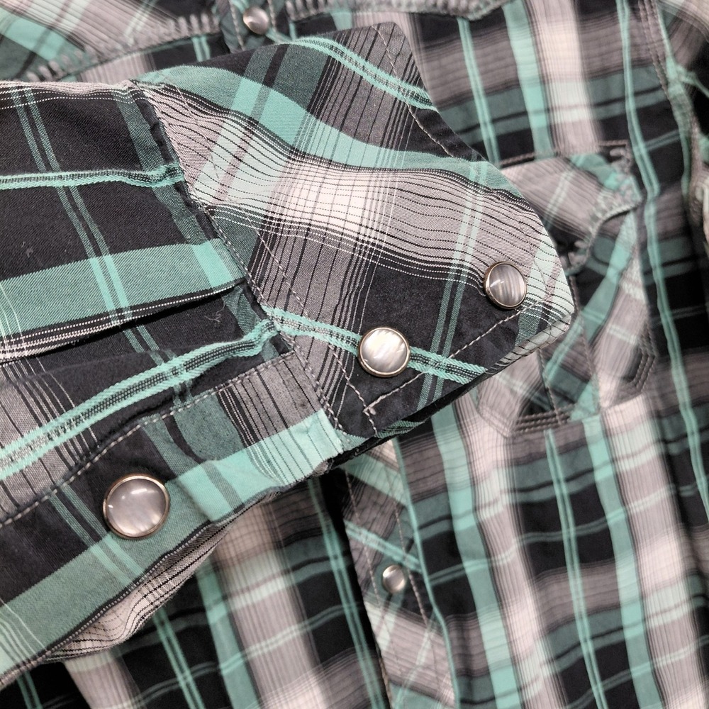 Rock & Roll Cowboy Shirt Men L Green Plaid Pearl Snap Thick Stitch Western Rodeo - Picture 6 of 16